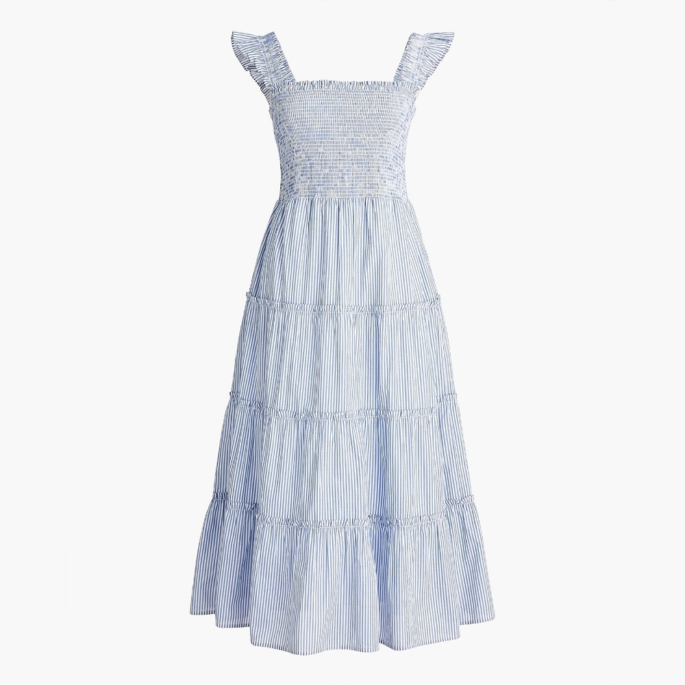 J. Crew Factory Womens Blue Striped Smocked Tiered Dress with Ruffled Straps